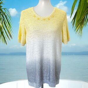 Alfred Dunner Sequins Gradient Ombre Gray Yellow Knit Sweater Size L Large
